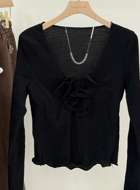 特价allin黑色V领长袖花朵衬衫低胸修身显瘦打底衫设计感洋气上衣