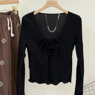 显瘦打底衫 特价 低胸修身 花朵衬衫 设计感洋气上衣 allin黑色V领长袖
