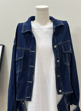 特价清仓~设计感牛仔衣蓝色翻领口袋单排扣宽松慵懒外套女