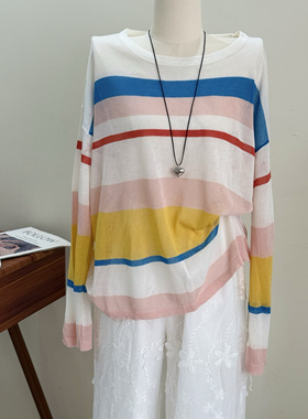 特价夏装韩国ins风彩色条纹冰丝长袖T恤女宽松显瘦百搭上衣