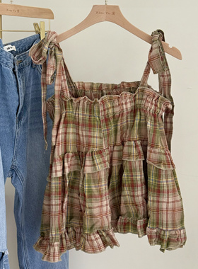 四季青甜系少女穿搭复古系带方领背心小清新格子娃娃衫吊带上衣