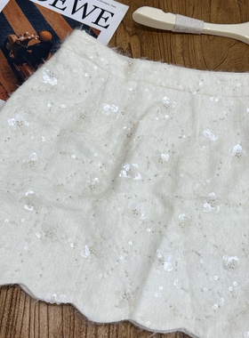 特价重工白色亮片钉珠花朵半身裙高品质高腰显瘦A字短裙半裙M码