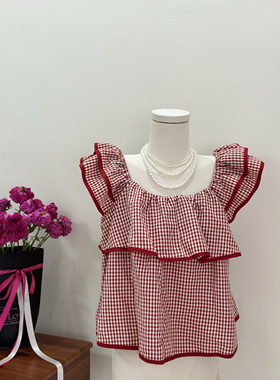 好甜~小飞袖衬衫女夏季韩国荷叶边短款娃娃衫红色格子显瘦上衣