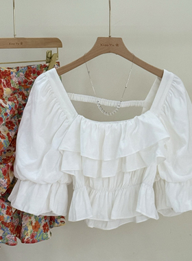 清仓特价韩版ins方领荷叶边白色衬衫女夏季设计感短款辣妹上衣