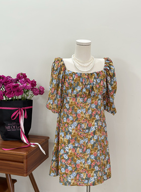 法式复古方领碎花连衣裙女夏宽松显瘦气质温柔长裙子