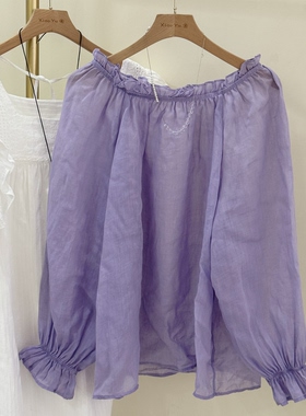 四季青韩版麻料纯色木耳花边一字领露肩百搭宽松显瘦休闲紫色衬衫