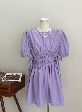 好看紫色~泡泡袖甜美风收腰圆领连衣裙高品质温柔系纯色短裙女