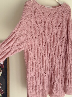 JennieHZ韩系甜美镂空针织衫女软糯奶fufu套头中长款粉色毛衣上衣