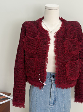 小香风短款外套女秋季新款编织流苏亮丝名媛酒红色针织开衫上衣