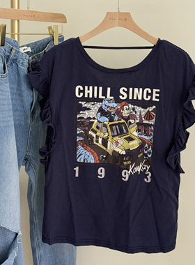 四季青美式辣妹卡通印花圆领无袖T恤女荷叶边藏青色甜美上衣