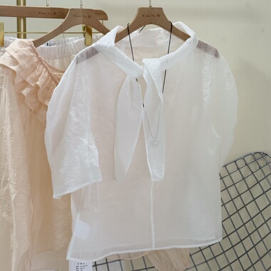 特价四季青韩版ins风洋气飘带透明设计感小众上衣白色衬衫大女主