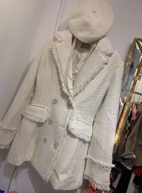 洋气的小香风～20新韩国复古翻领双排扣流苏边气质时髦白色外套女