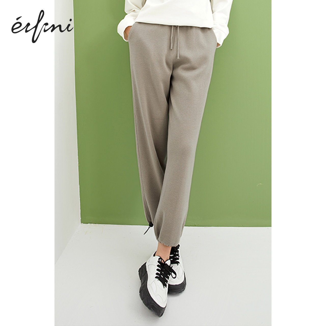 伊芙丽针织休闲裤女2020年新款韩版秋装裤子时尚宽松高腰直筒裤女