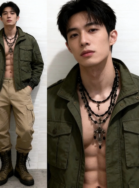 男士复古多层珠链十字架项链