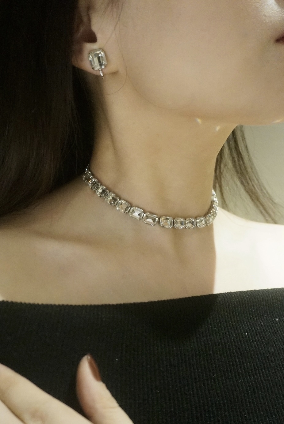 优雅白钻 中古Kramer打标白色方糖莱茵石项链耳夹套装 vintage