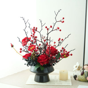 已陌新中式现代红色仿真花喜庆假花玄关客厅茶几餐桌书房装饰摆件