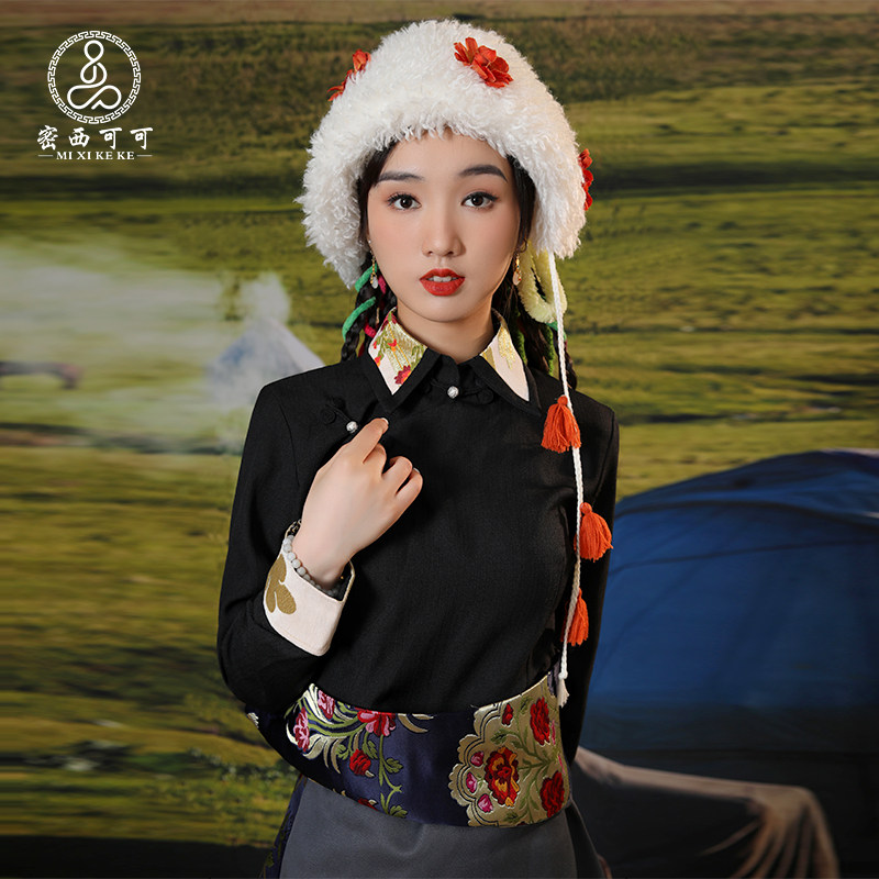 密西可可高档棉麻翻领衬衫绣花
