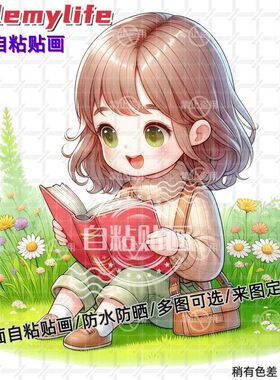 爱看书的小女孩贴纸平面自粘贴画装饰儿童房幼儿园行李箱车身自粘