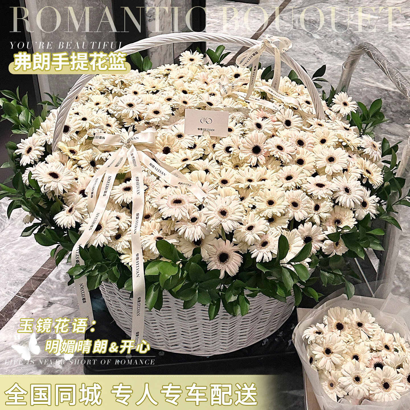 玉镜华沙非洲菊弗朗手提花篮生日鲜花速递同城配送北京上海杭州店