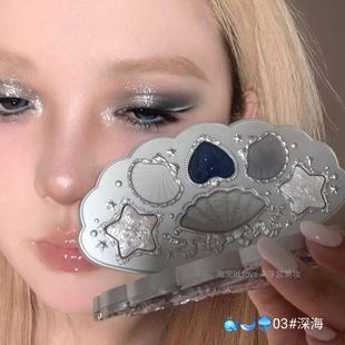 高智银灰蓝烟熏妆！花知晓贝壳珍珠六色眼影盘03深海珠光爆闪哑光