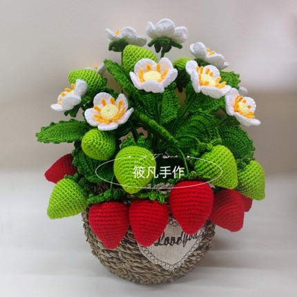 手工制作草莓盆栽材料包钩针编织毛线花仿真花束创意送小朋友礼物
