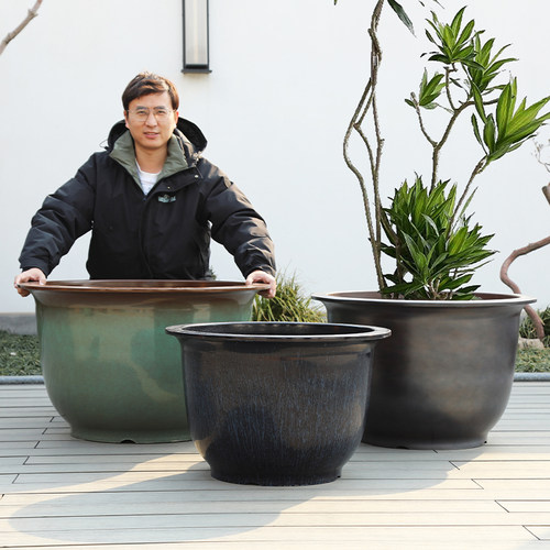 特大号圆形彩釉荷花盆户外种植盆