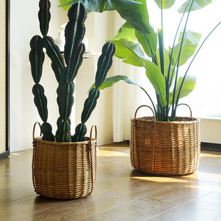 北欧藤编花篮圆形落地花盆客厅盆栽绿植大号花器橱窗装 饰摆件盆栽