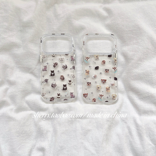 ins风透明细闪满屏猫咪狗狗适用于苹果17ProMax手机壳iPhone16Pro小众少女心15简约14小清新卡通情侣 SHERRY