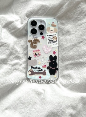 SHERRY*ins可爱双层黑色兔子狗狗插画适用于苹果16ProMax手机壳iPhone15Pro小众14少女心13简约12卡通小清新