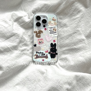 ins可爱双层黑色兔子狗狗插画适用于苹果16ProMax手机壳iPhone15Pro小众14少女心13简约12卡通小清新 SHERRY