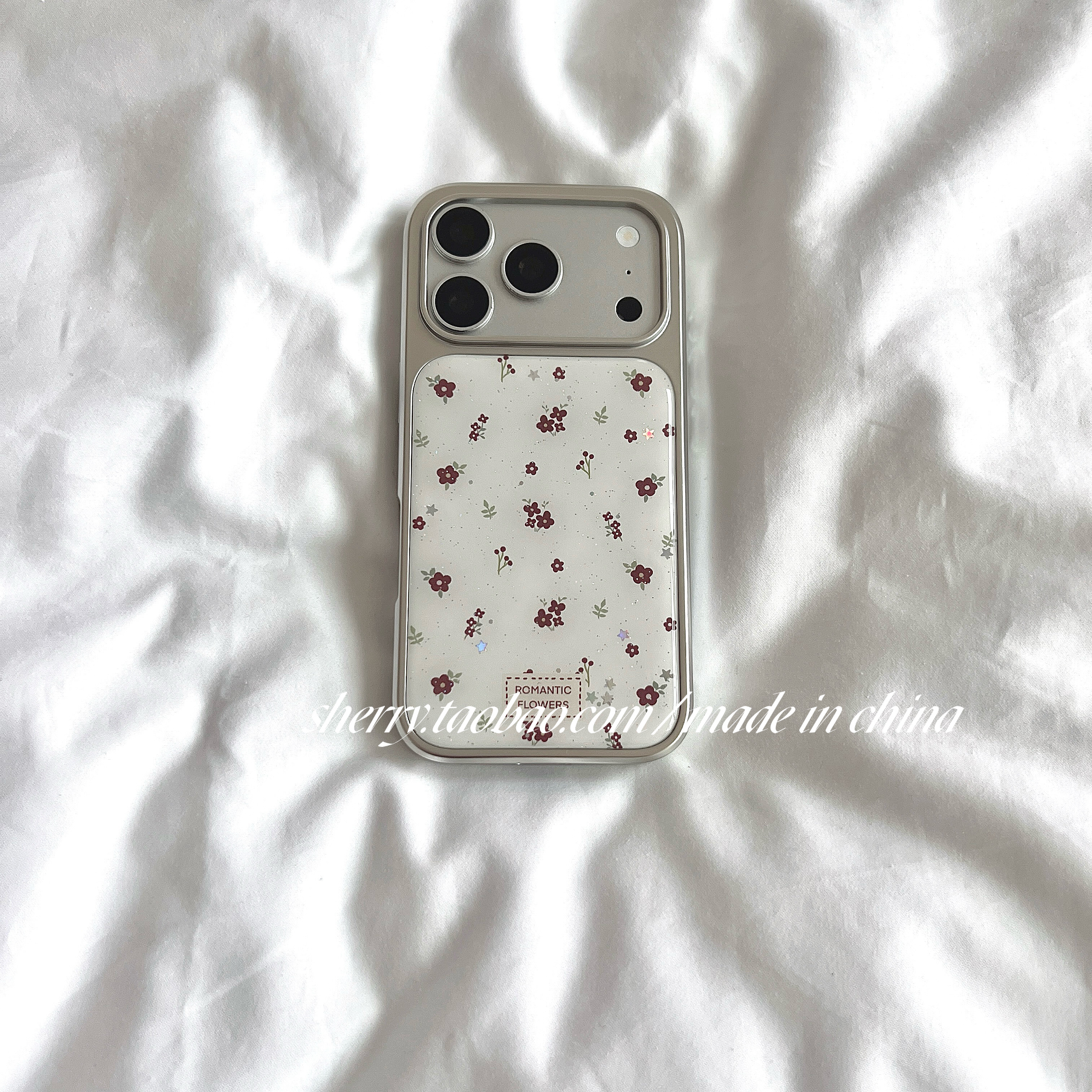 SHERRY*ins风电镀银白底细闪小红花适用于苹果17ProMax手机壳iPhone16Pro小众少女心15简约14小清新温柔气质