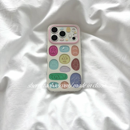 SHERRY*ins风彩色色块镂空猫咪适用于苹果17ProMax手机壳iPhone16Pro小众少女心15简约小清新卡通可爱高级感