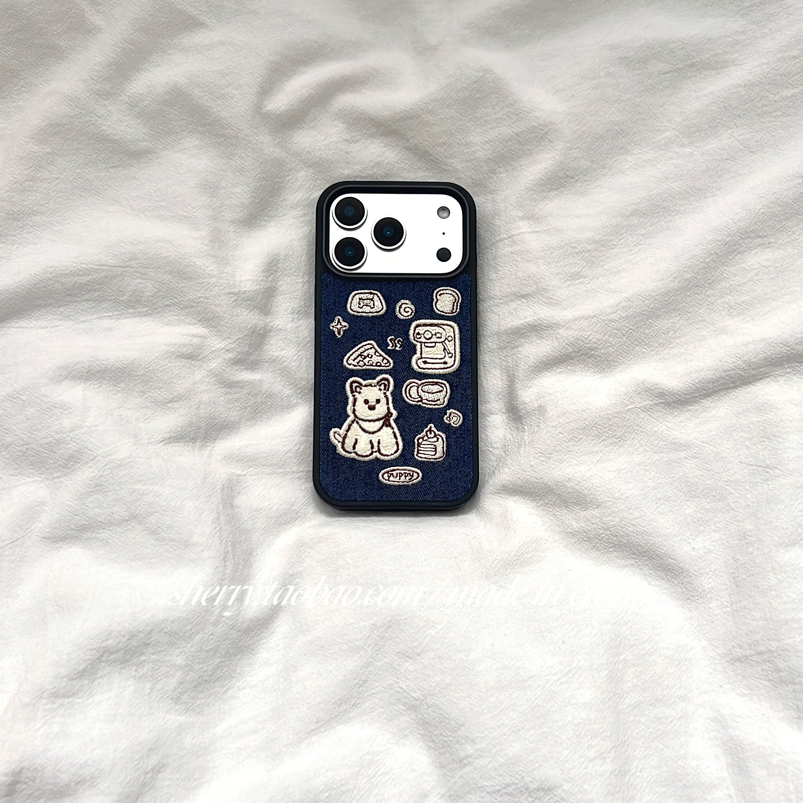 SHERRY*ins风牛仔蓝刺绣咖啡机狗狗适用于苹果17ProM