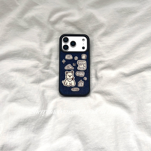 苹果16promax手机壳牛仔蓝刺绣狗