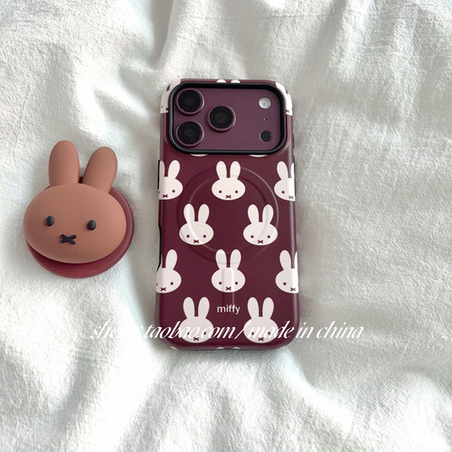 SHERRY*ins风秋冬复古棕红满屏兔子磁吸适用于苹果18ProMax手机壳iPhone17Pro小众少女心16简约15卡通可爱