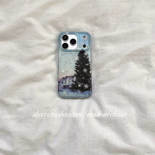 SHERRY*ins风冬日朦胧雪花房屋松树适用于苹果17ProMax手机壳iPhone16Pro小众少女心15简约14小清新卡通可爱