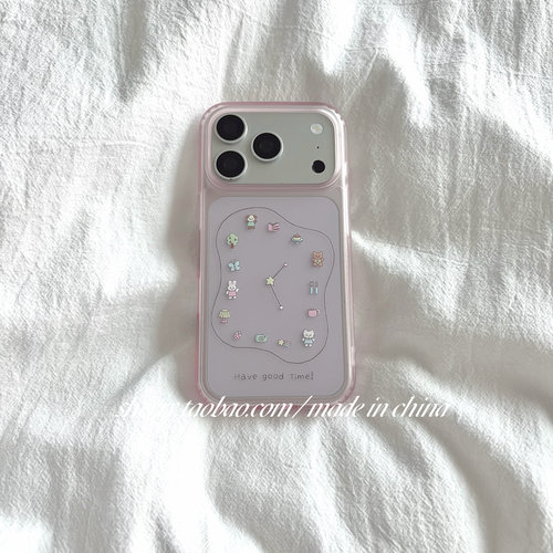 SHERRY*ins风透粉异形线条小动物钟表适用于苹果17ProMax手机壳iPhone16Pro小众少女心15简约小清新卡通可爱