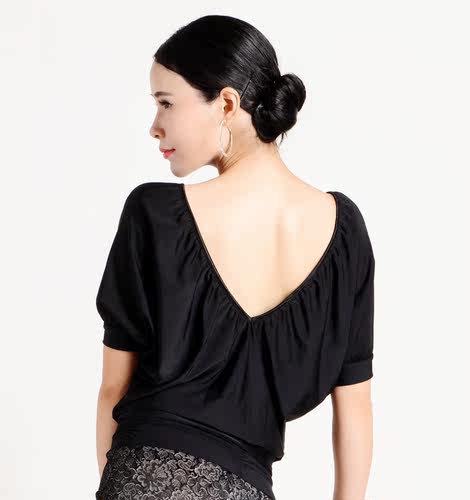 简约高级拉丁舞服女宽松显瘦黑色华尔兹舞上衣露背舞服