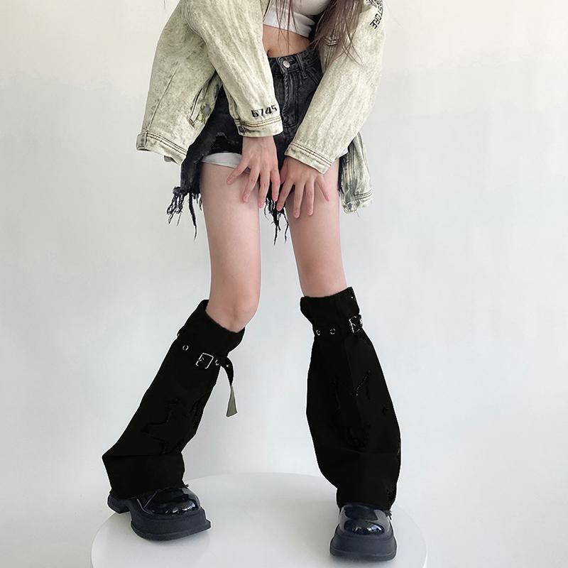 亚文化星星刺绣Y2K绑带微喇显瘦腿套女堆堆袜套个性设计感黑潮酷