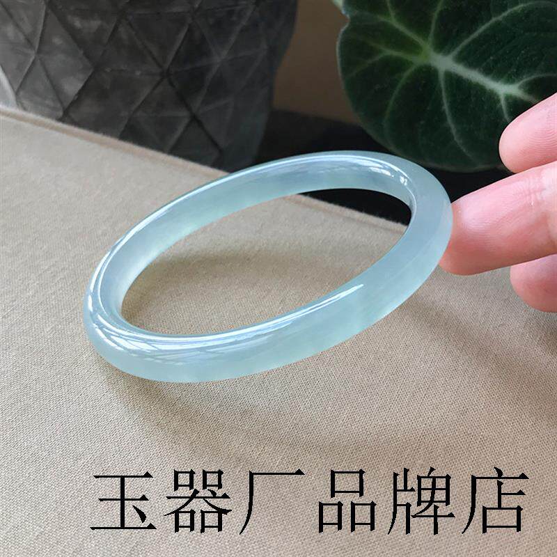 蓝水翡翠色冰种晴水色细圆条手镯小巧冰透叮当镯天青冻玉髓镯精品