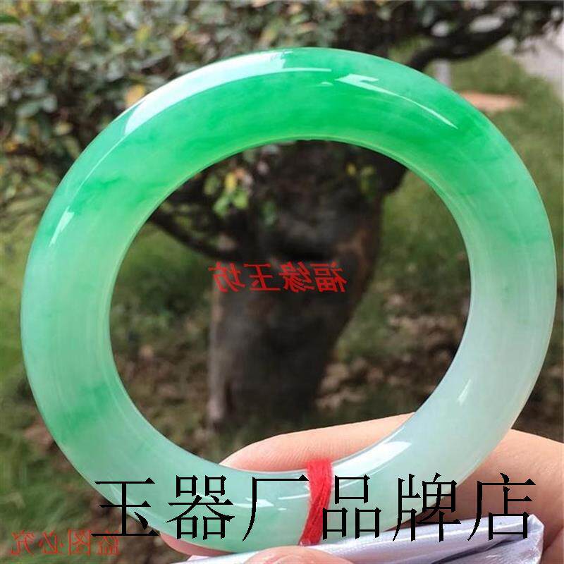 冰种翡翠色手镯缅甸帝王绿飘花圆条玉镯子女款玉手镯精品百搭时尚