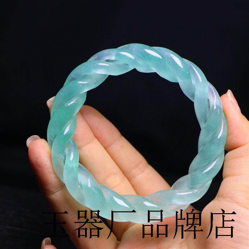 高端翡翠手镯雕刻纽丝麻花转运完美高冰飘花精品玉镯子女款送妈妈
