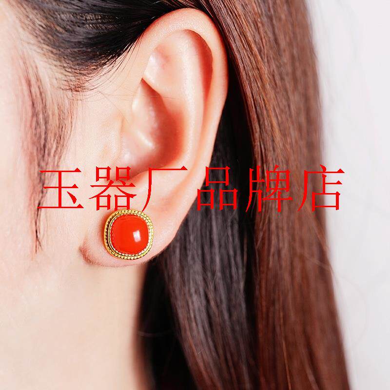 南红玛瑙纯银耳钉女复古红玉
