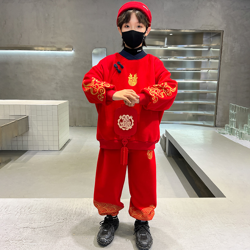 拜年服男童冬季加厚卫衣套装2024龙年儿童过年喜庆衣服唐装汉服潮