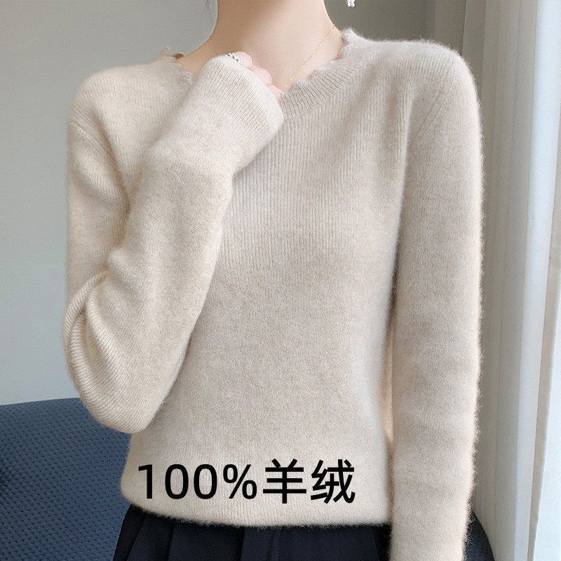 100%羊绒衫女圆领花边打底衫内搭