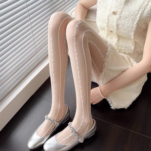 新秋冬季加绒可甜可辣竖纹蕾丝网袜假透肉打底袜连裤袜白色女丝袜