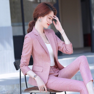 粉色格子西装外套女秋冬韩版小西服高端职业装气质女神范时尚套装