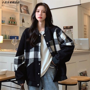 韩版外套棒球服女格子潮复古刺绣撞色宽松学生春秋季新款百搭拼接
