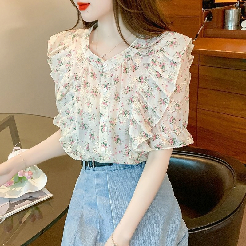 2025年夏季新款圆领碎花雪纺衬衫女夏荷叶边小众短袖衬衫女士上衣