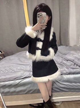 秋冬两件套快手网红同款小香风毛领仿麂皮绒夹棉外套+包臀短裙女